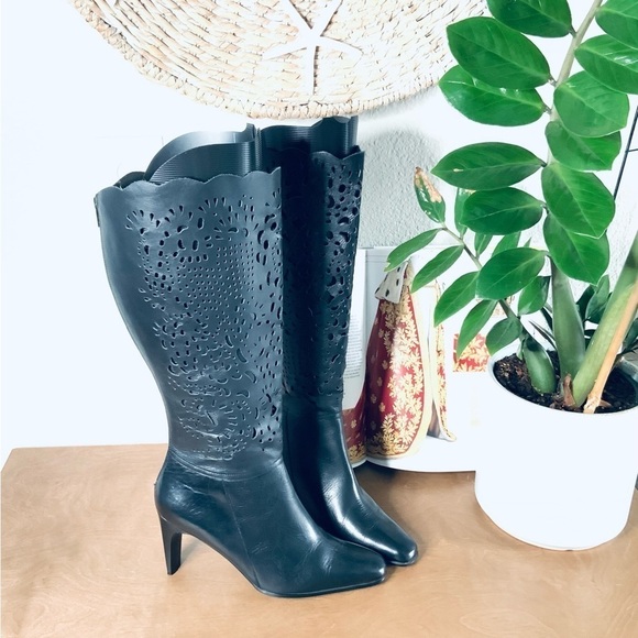 Bellini Celine Black Leather Women Laser Cut Knee High 3.5"Heel Boots - Picture 3 of 5